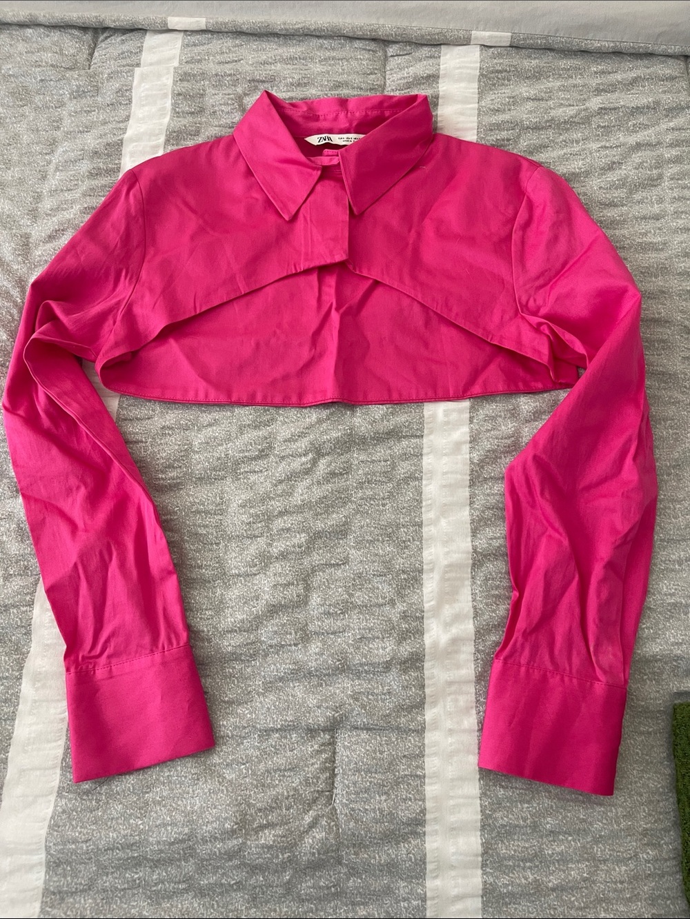 Zara Vibrant Pink Cropped Collared Long-Sleeve Top
